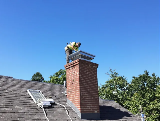Westerville Chimney Sweep technician measuring a chimney cap in Westerville, OH